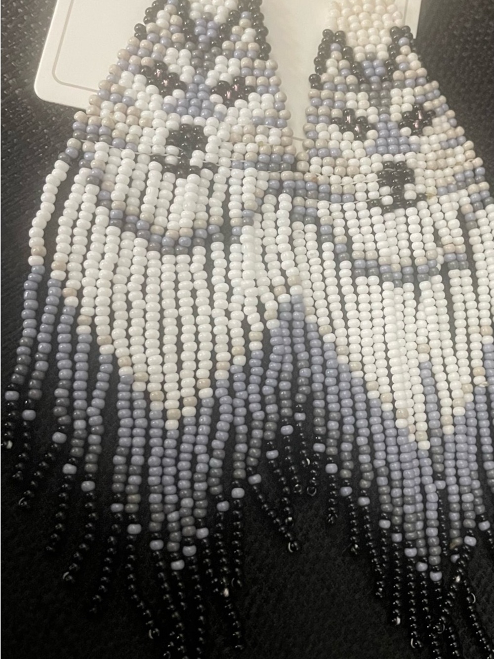 Black, White & Gray Fringe Beaded Coyote Seed Bead Earrings